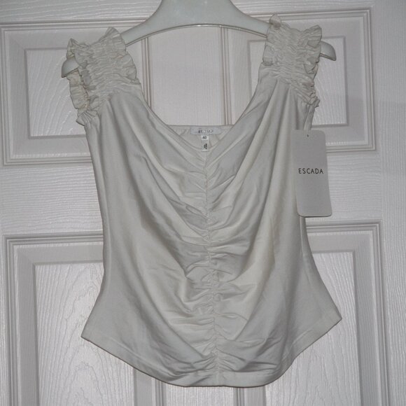ESCADA White Stretch Cotton Blend Ruched Top On/Off Shoulder Italy Size EU 40 - Picture 8 of 10